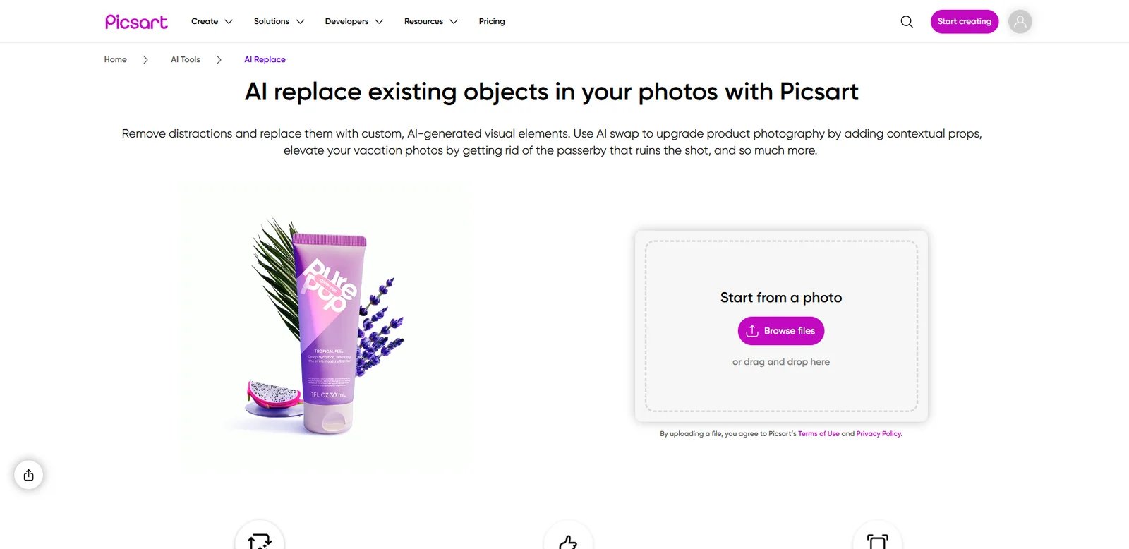 Picsart AI Replace interface showing object replacement tools
