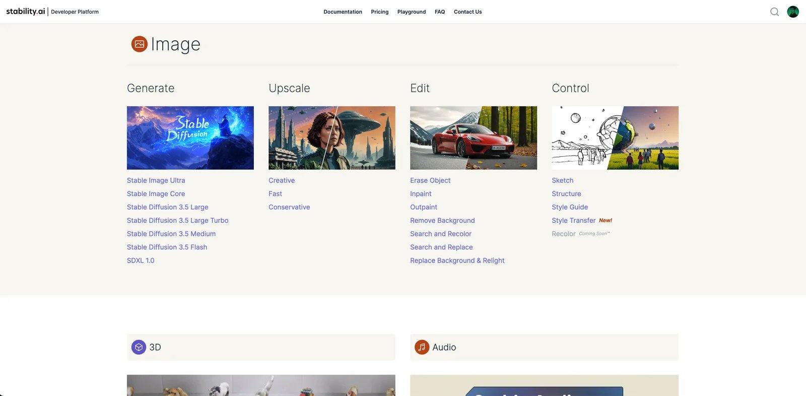 Stability AI platform showing multiple model options and API access