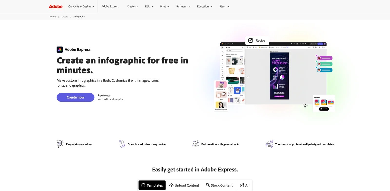 Adobe Express interface showing AI infographic editing and templates