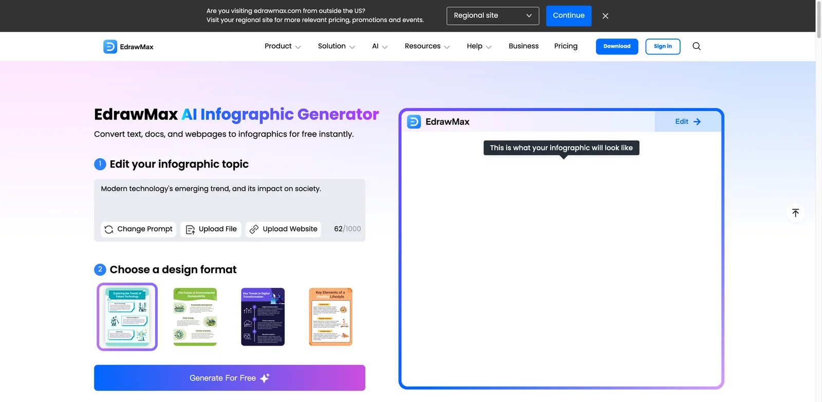 EdrawMax interface showing AI infographic and diagram editing
