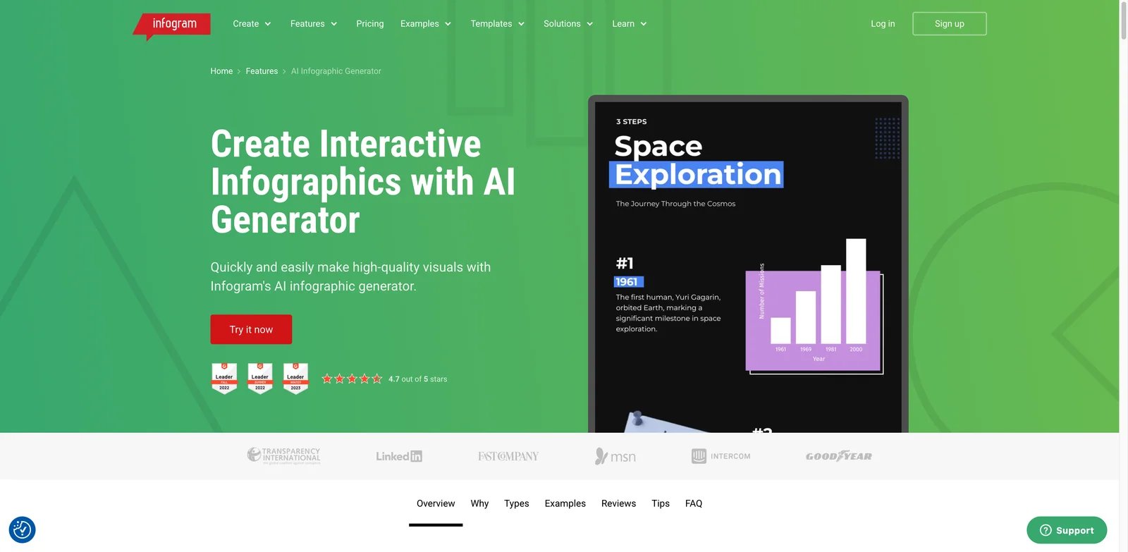 Infogram interface showing interactive charts and AI infographic creation