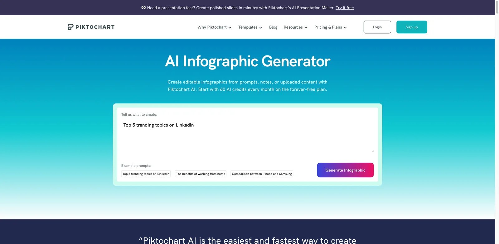 Piktochart interface showing editable AI infographic generation