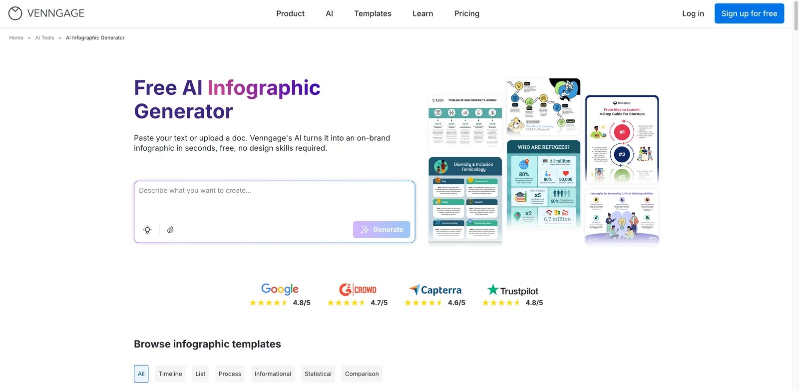 Venngage interface showing AI infographic templates and brand controls