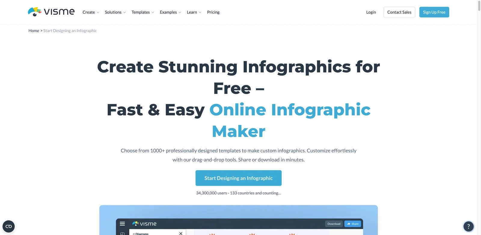 Visme interface showing infographic editor and branded visual reports