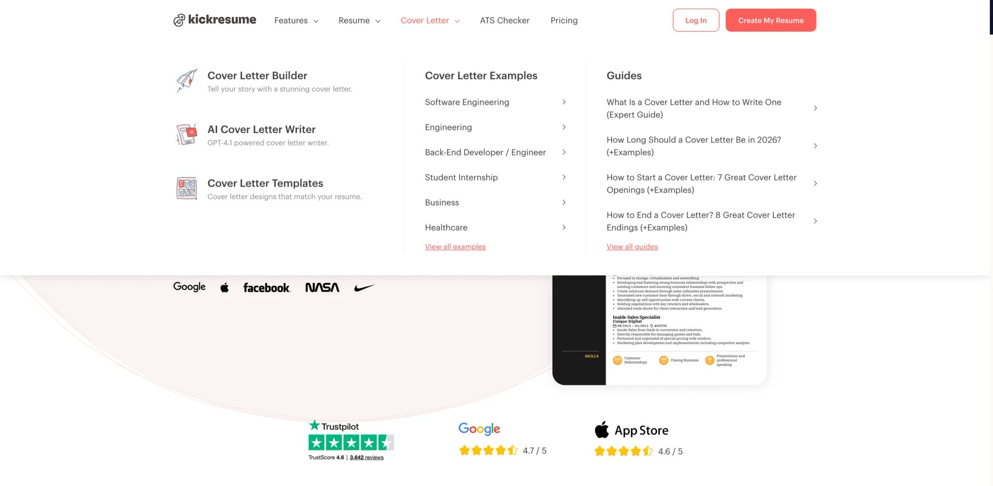 Kickresume interface
