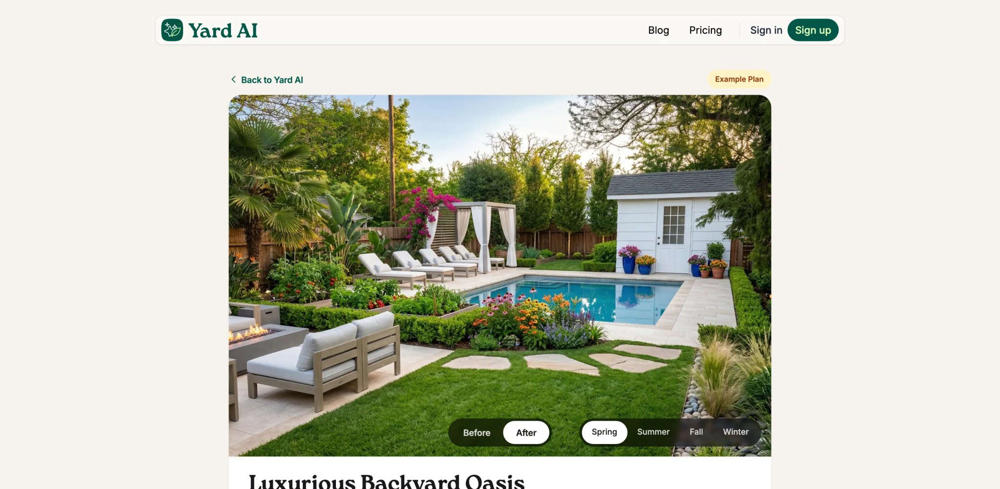 Yard AI interface showing a generated landscape plan with seasonal previews and cost estimates