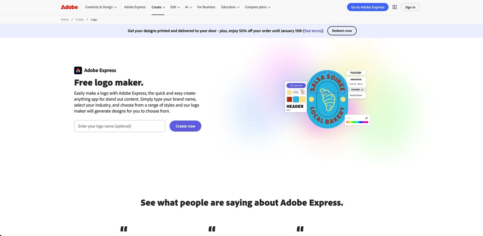Adobe Express Logo Maker interface showing template-based creation