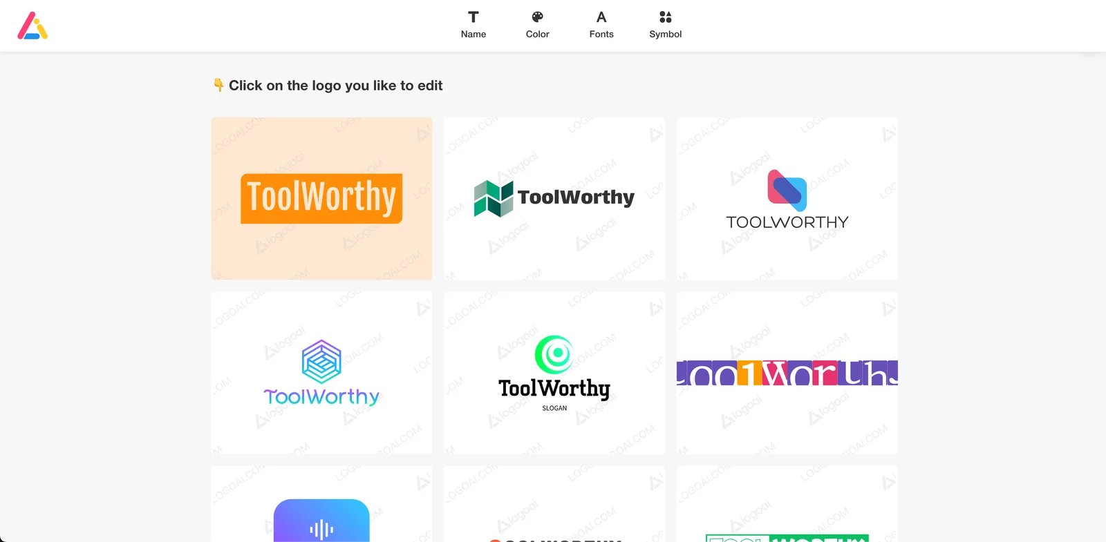 LogoAI interface showing AI logo and brand identity generation
