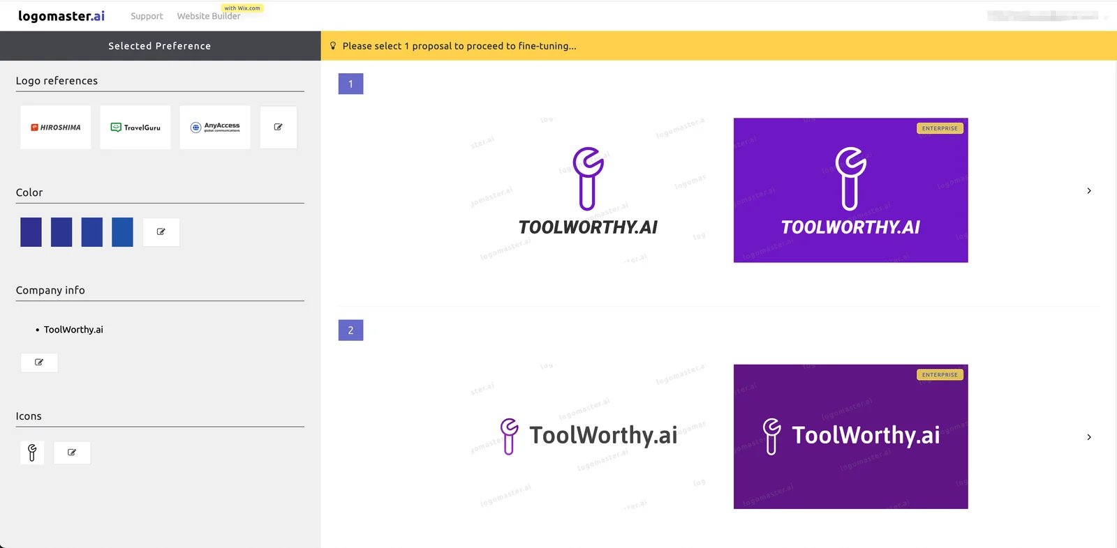 Logomaster.ai interface showing AI logo generation and editing