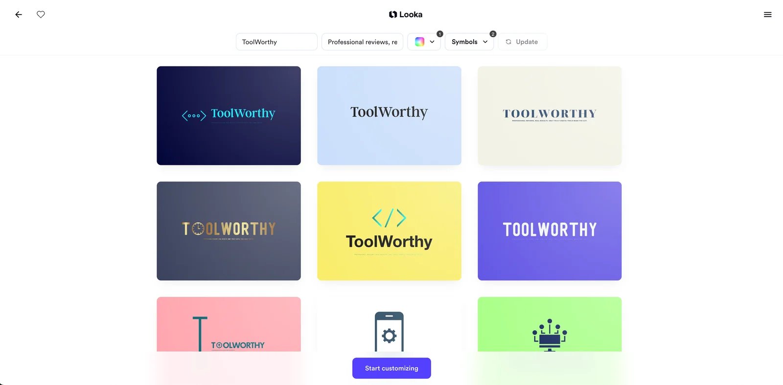 Looka interface showing AI-assisted logo generation