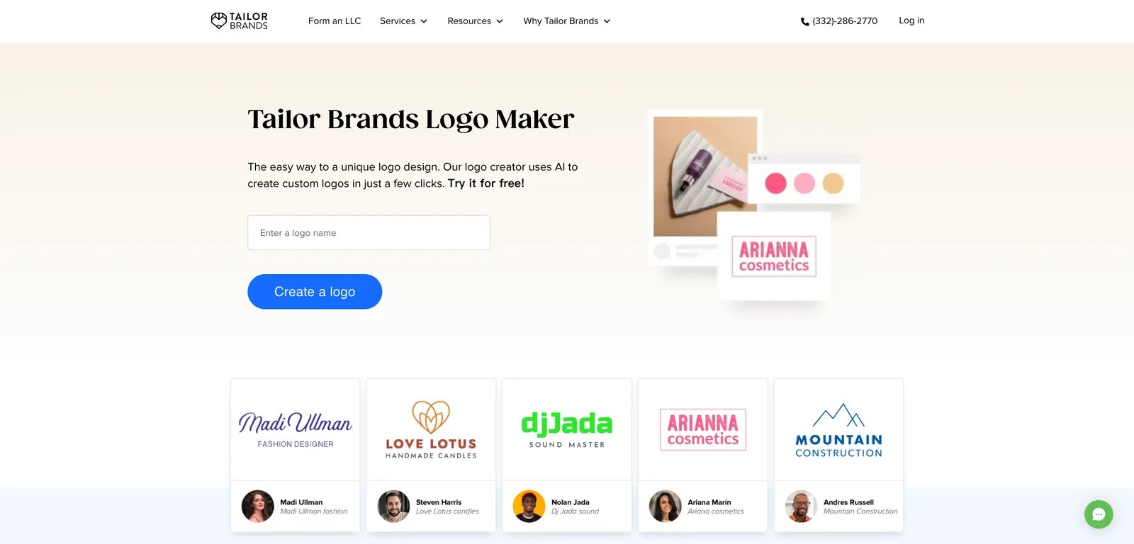 Tailor Brands interface showing AI logo maker questionnaire