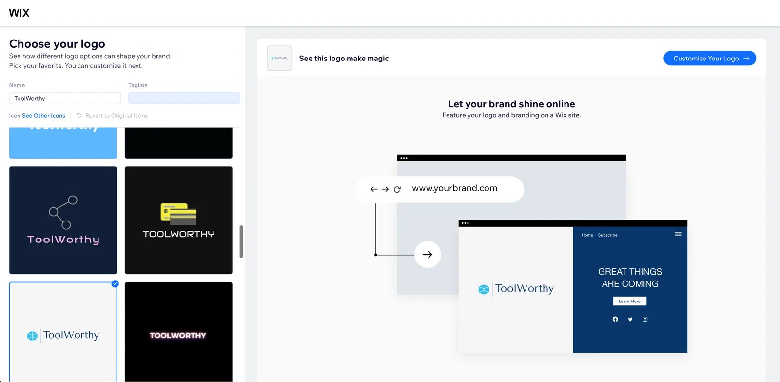 Wix Logo Maker interface showing free design workflow