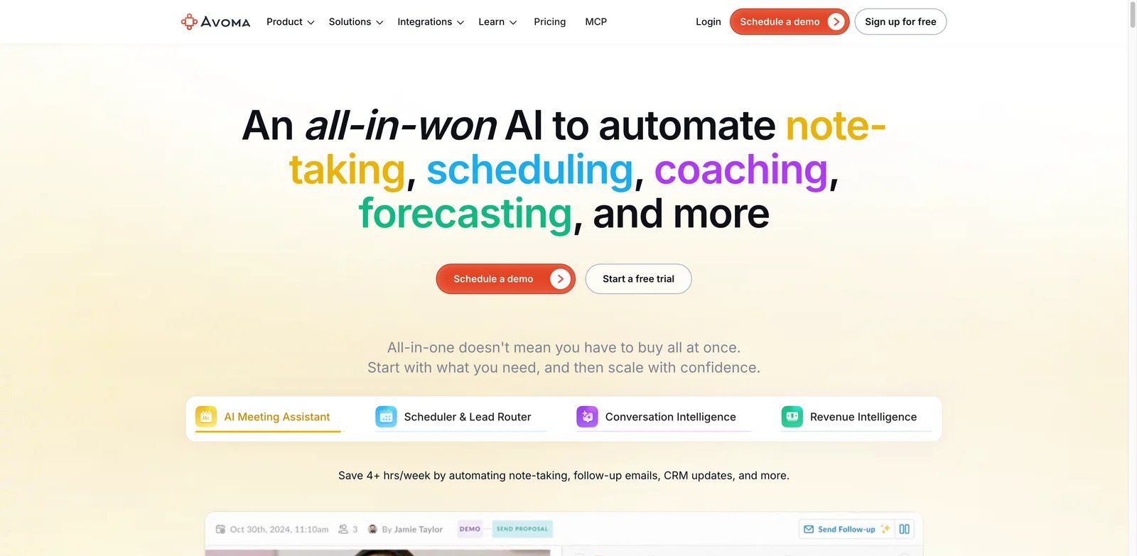 Avoma interface showing AI conversation intelligence and meeting analytics