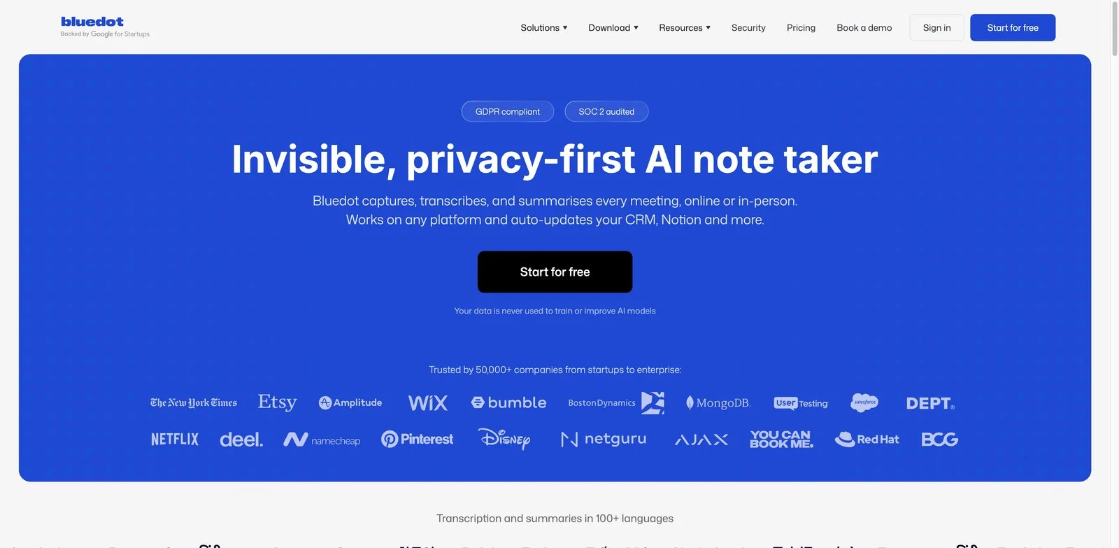Bluedot interface showing bot-free AI meeting recording and summaries