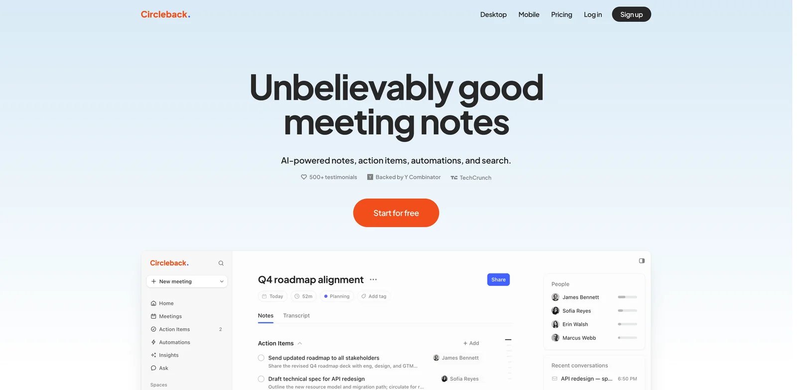 Circleback interface showing cross-conversation AI meeting search and workflows