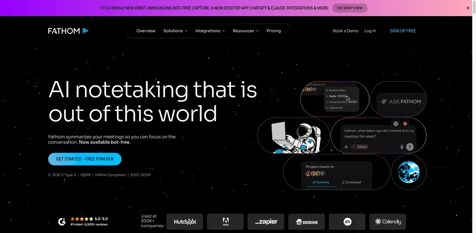 Fathom interface showing AI meeting assistant summaries and action items