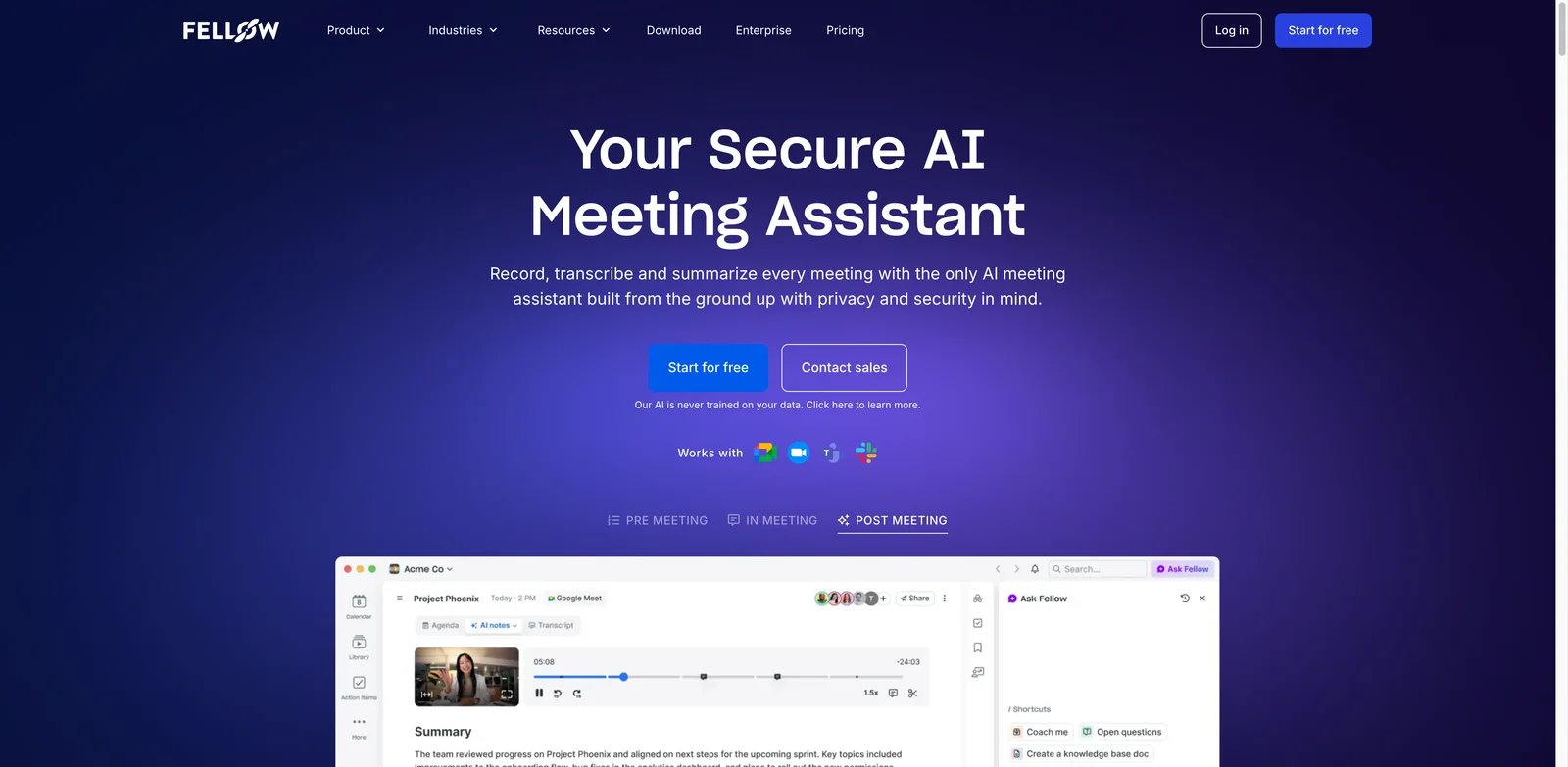 Fellow interface showing AI meeting agendas notes and action items