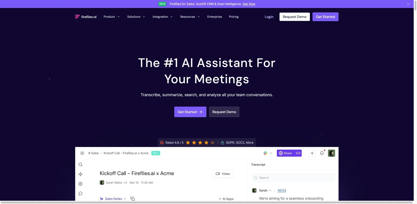 Fireflies.ai interface showing searchable meeting transcripts and AI workflows