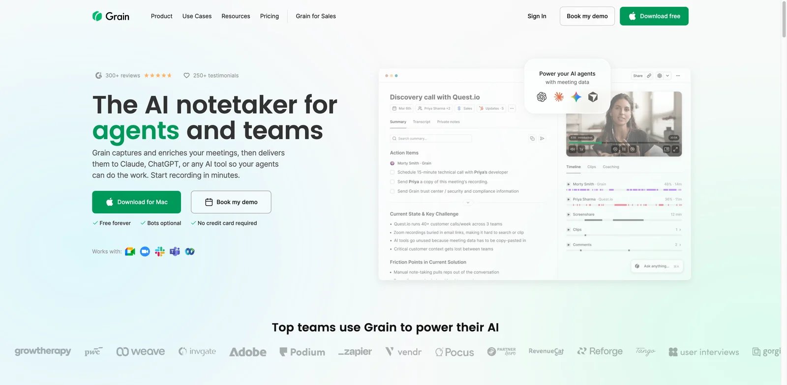 Grain interface showing customer meeting clips and AI insights