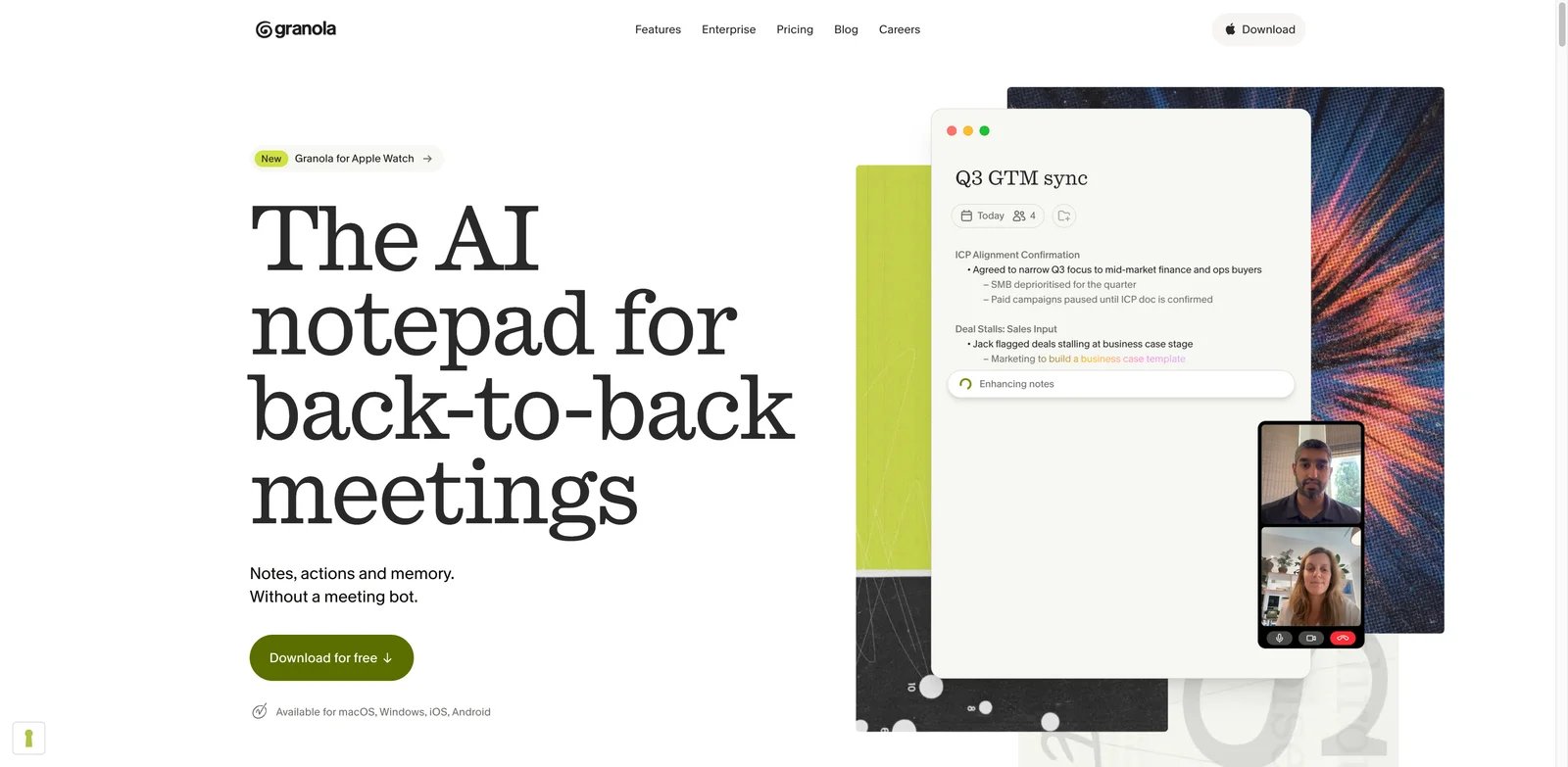 Granola interface showing bot-free AI meeting notes and team memory