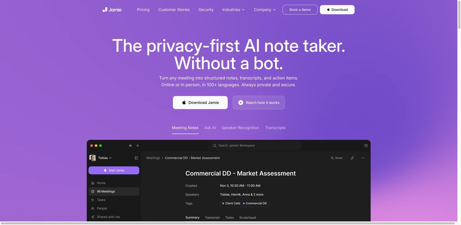 Jamie interface showing bot-free AI notes for online and in-person meetings