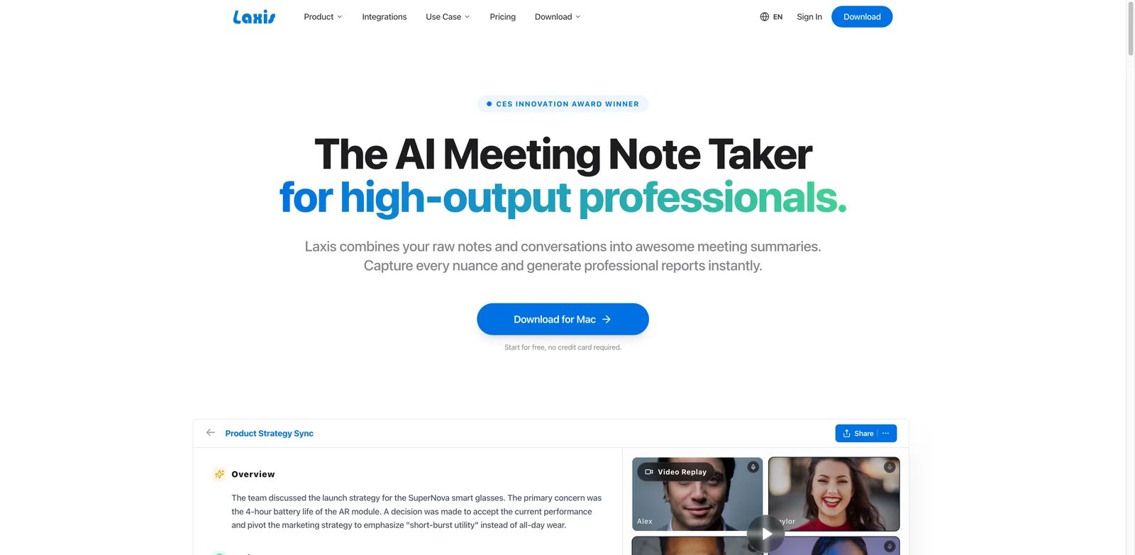 Laxis interface showing AI meeting assistant transcripts chat and CRM notes