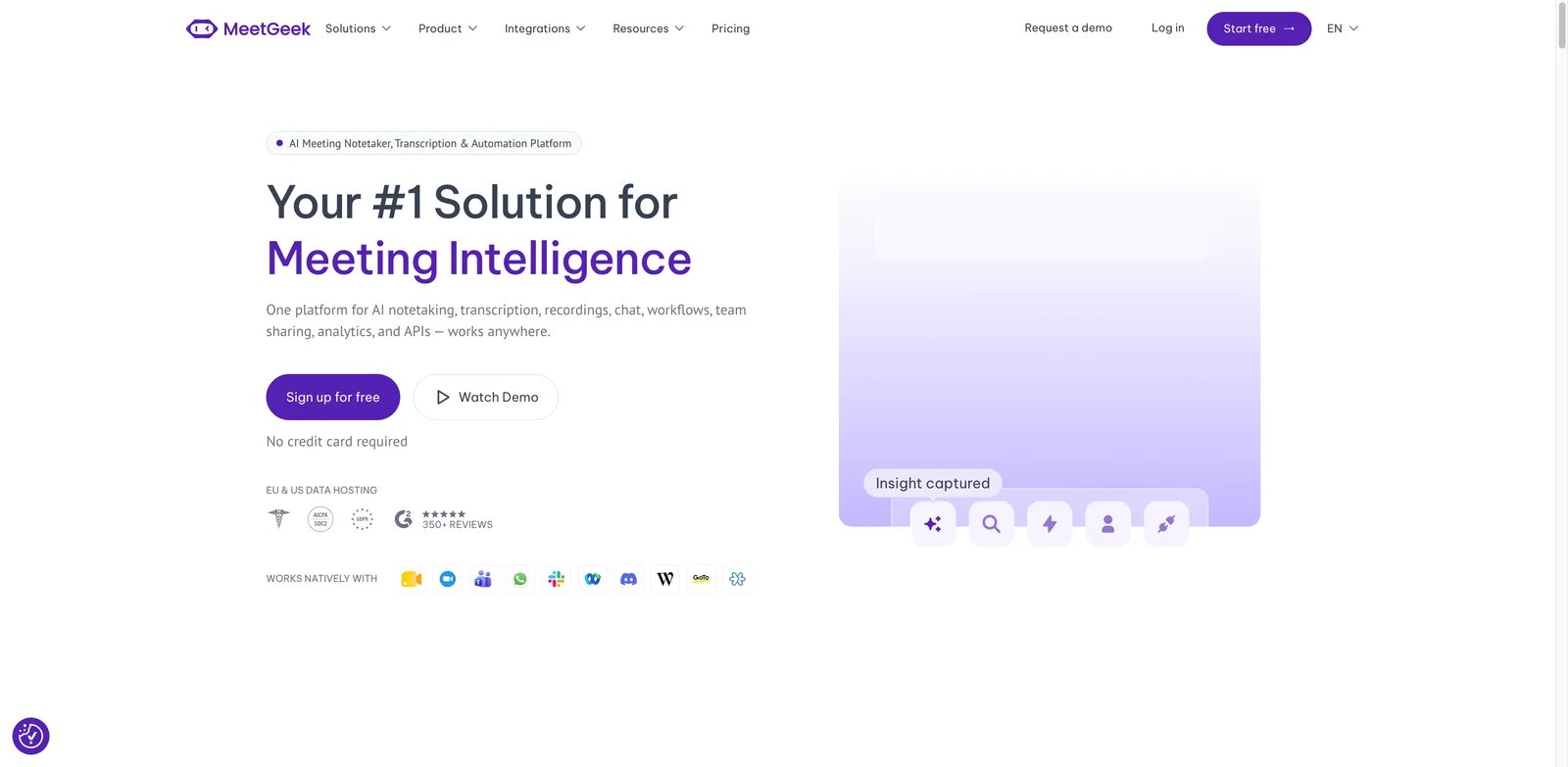 MeetGeek interface showing AI meeting summaries and automation workflows
