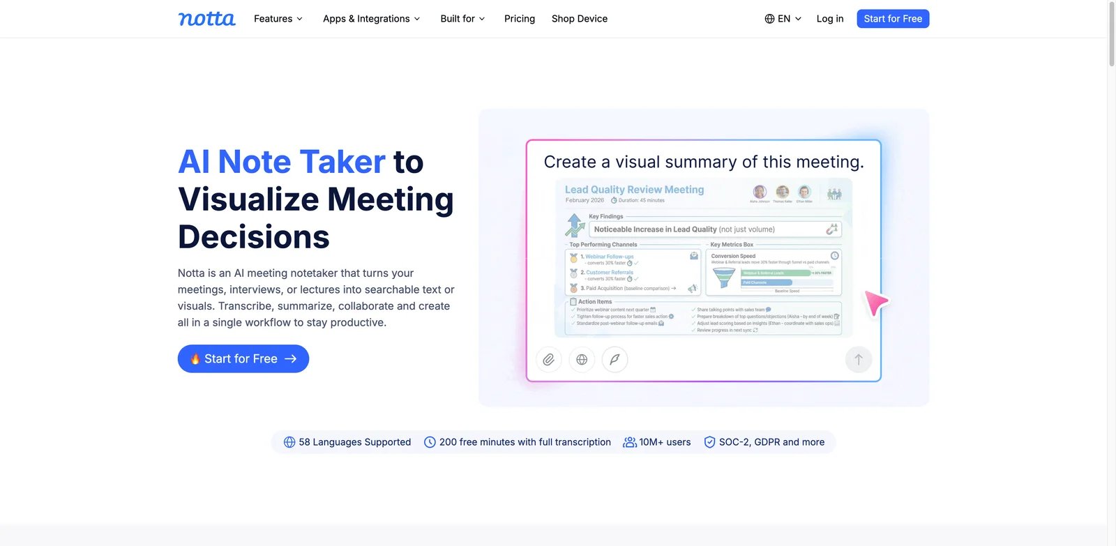 Notta interface showing multilingual AI meeting transcription across devices