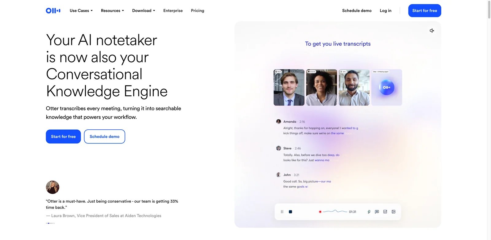 Otter.ai interface showing real-time AI meeting transcription and chat