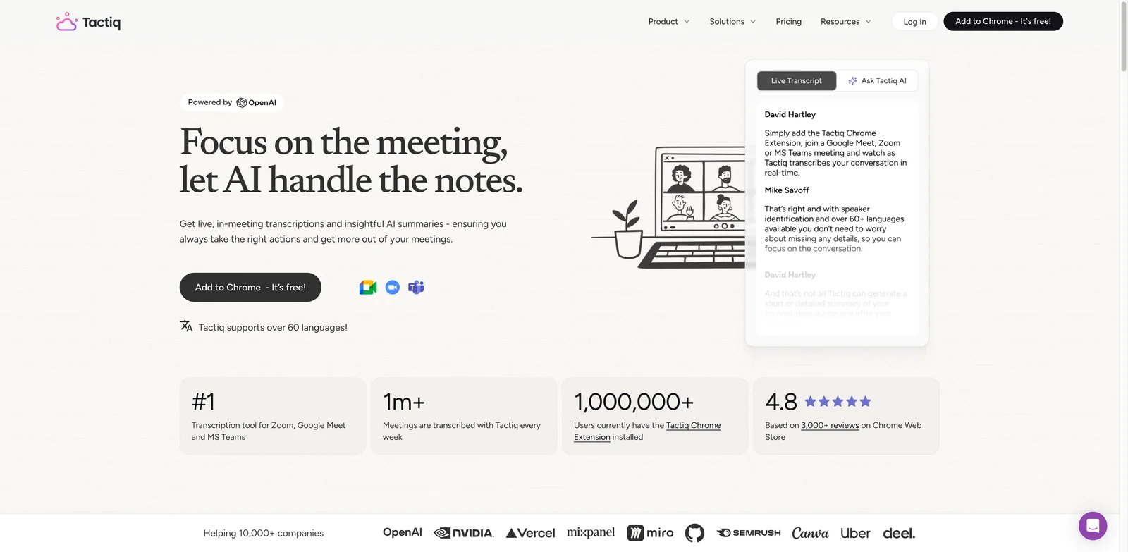 Tactiq interface showing Chrome AI meeting transcript and summaries
