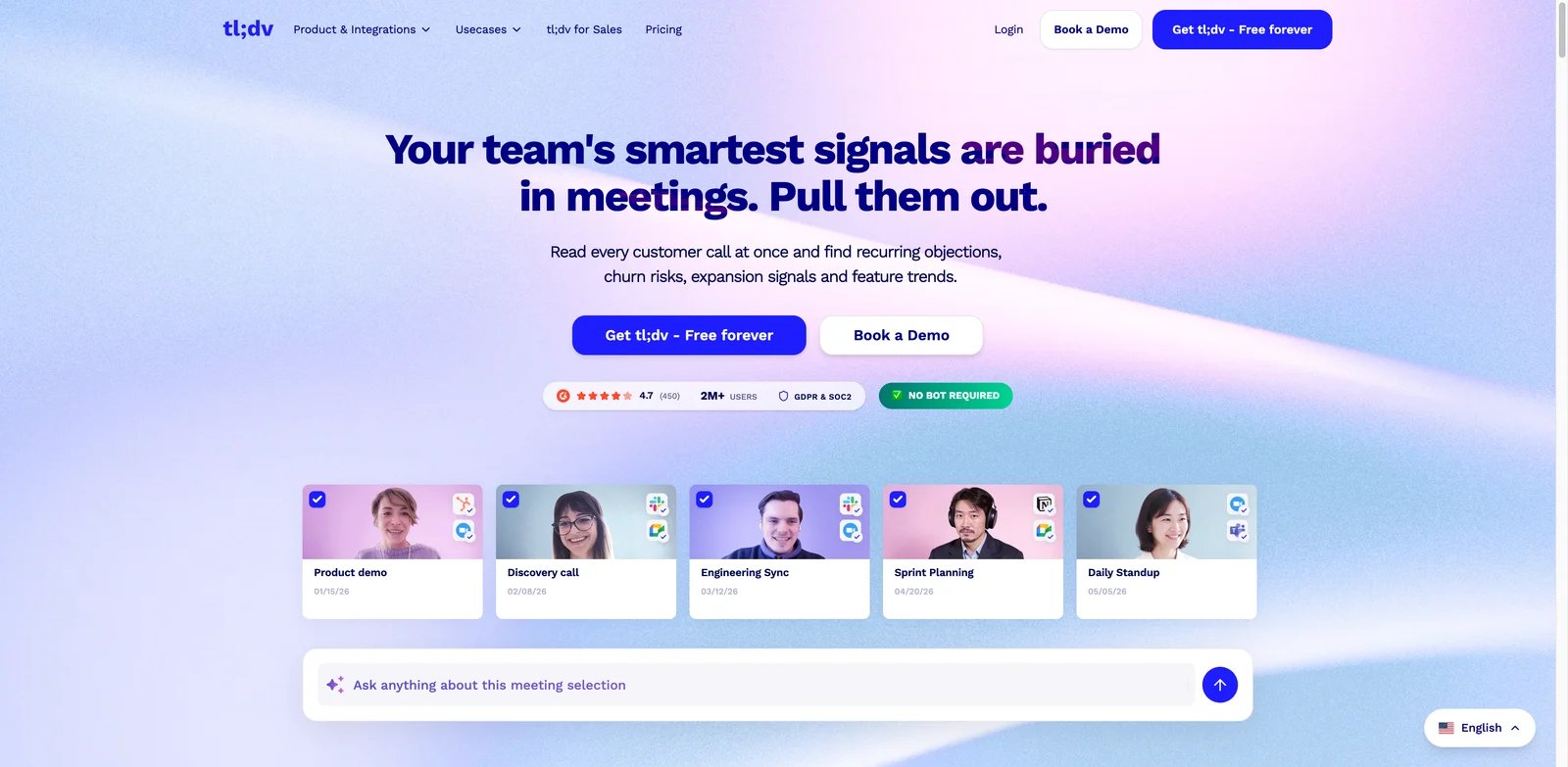 tl;dv interface showing meeting clips and multi-meeting insights