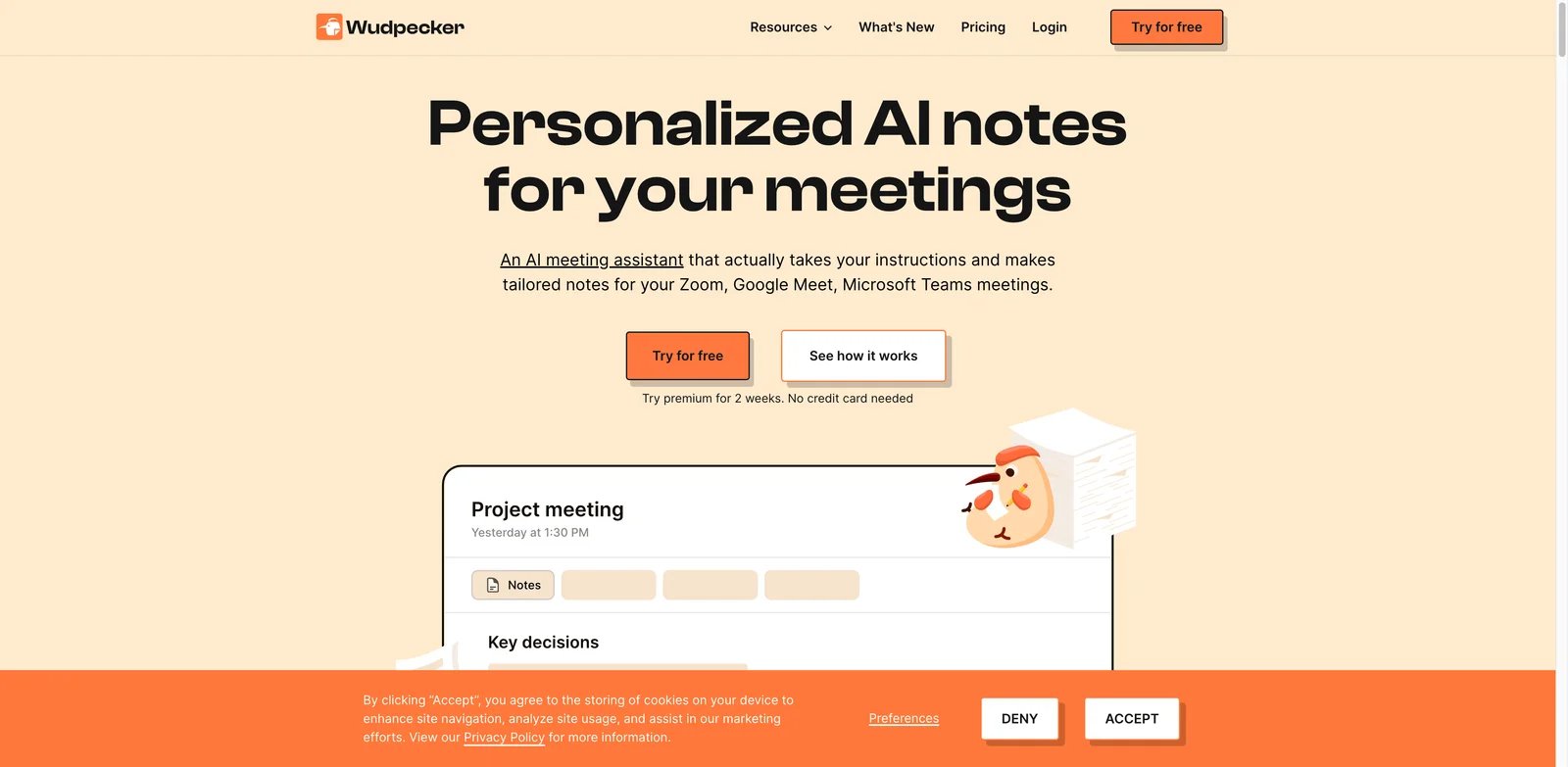 Wudpecker interface showing AI meeting templates and Ask AI summaries