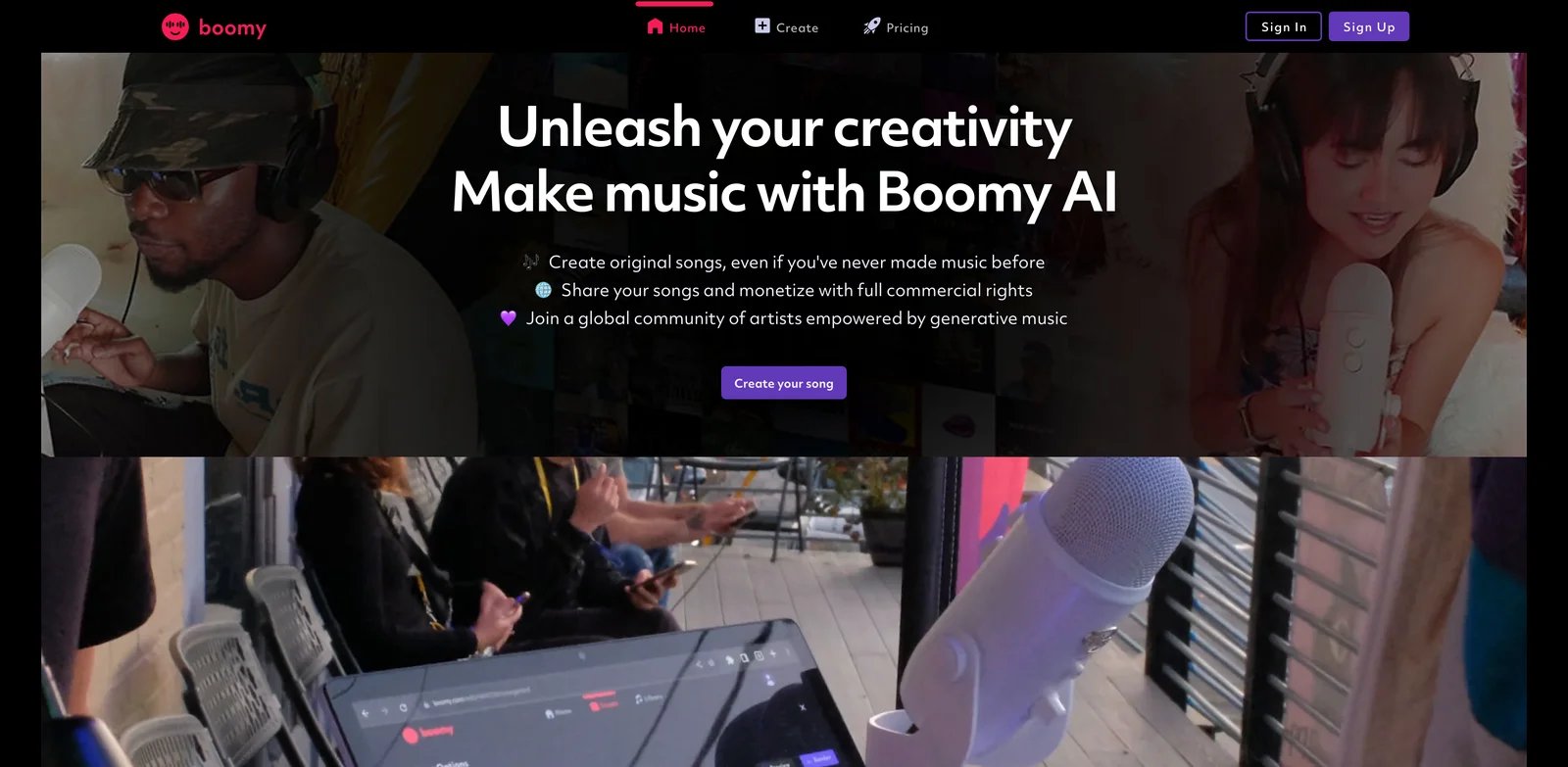 Boomy interface showing song creation and streaming distribution tools