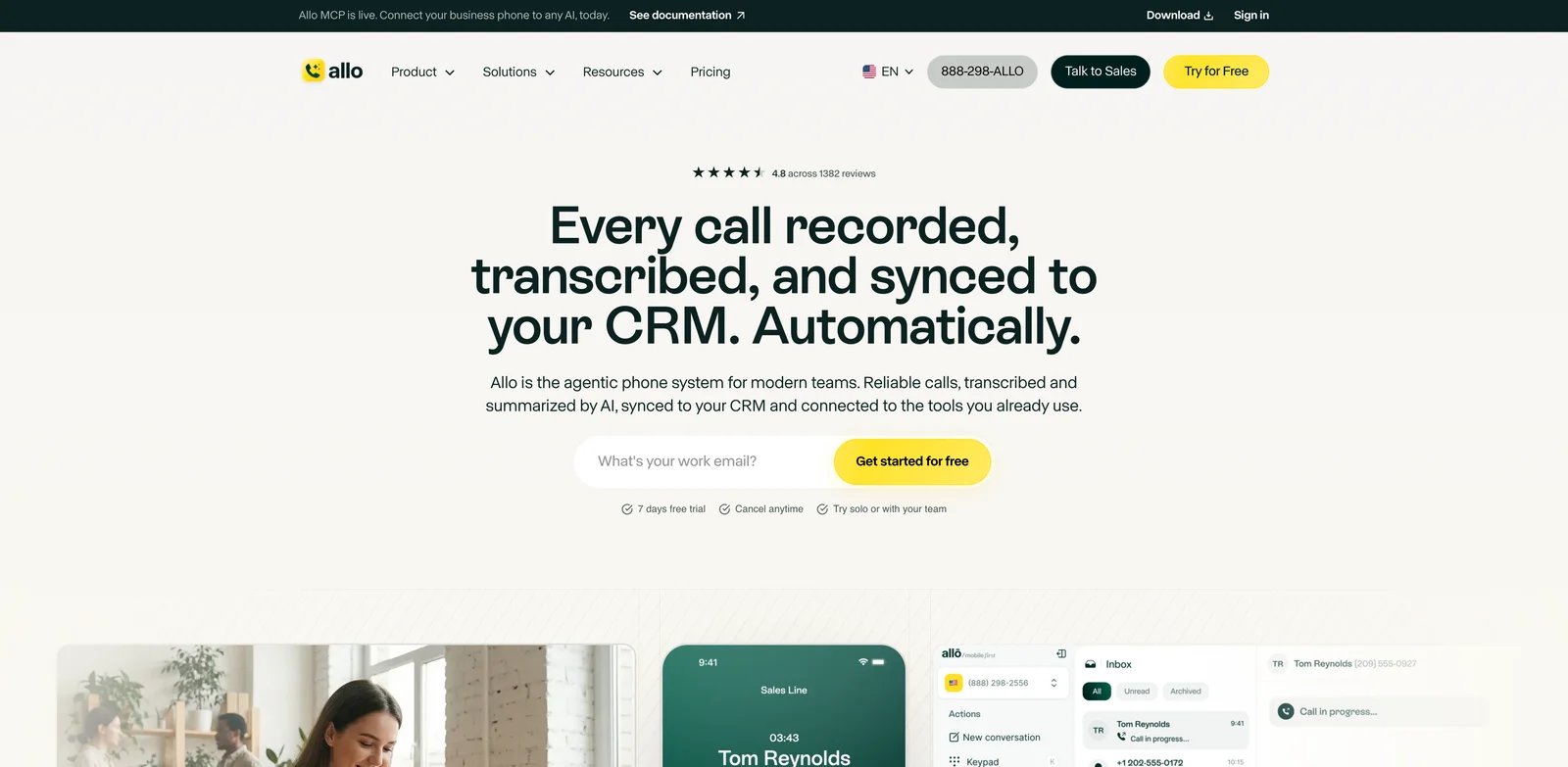 Allo interface showing AI receptionist inside business phone app