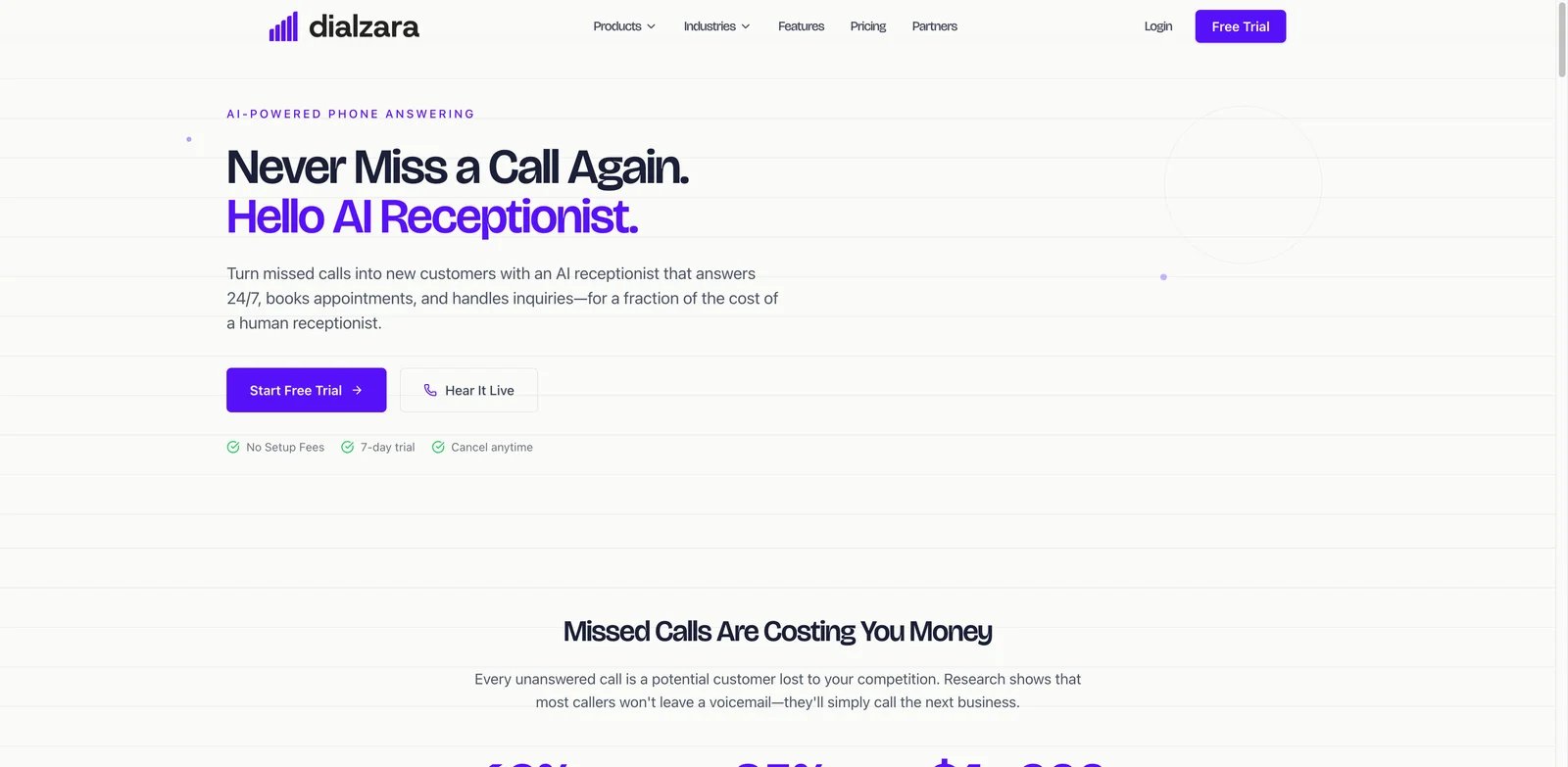 Dialzara interface showing AI receptionist setup and call handling