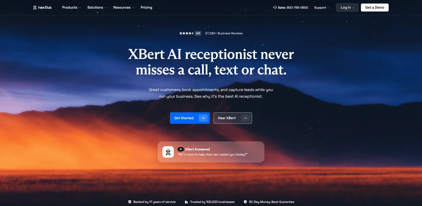 Nextiva XBert interface showing AI receptionist for calls and messages