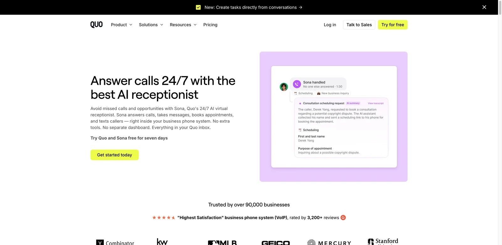 Quo Sona interface showing AI receptionist inside business phone workflow