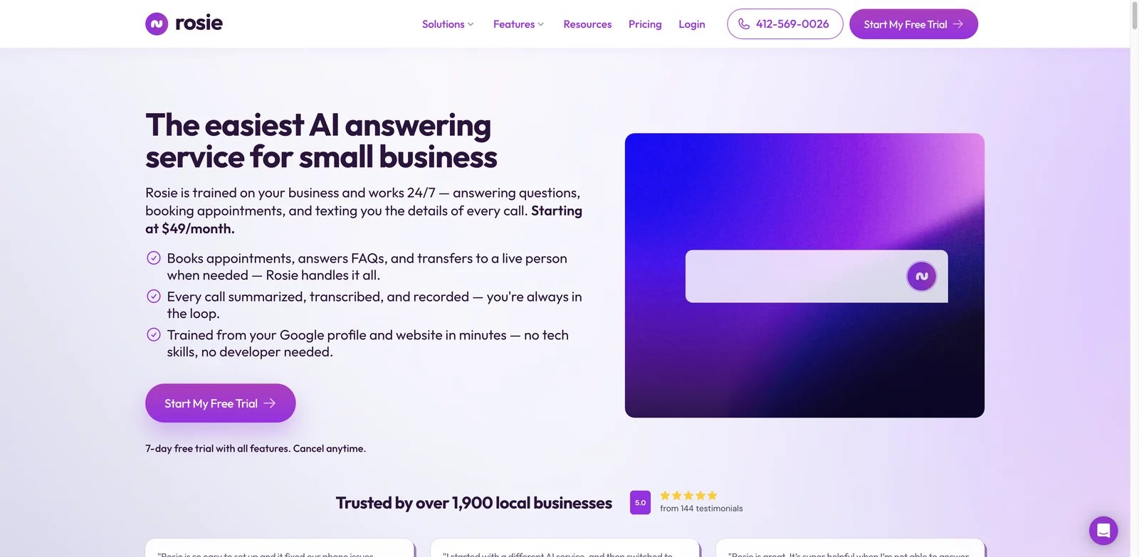 Rosie AI interface showing 24/7 AI answering and appointment workflow