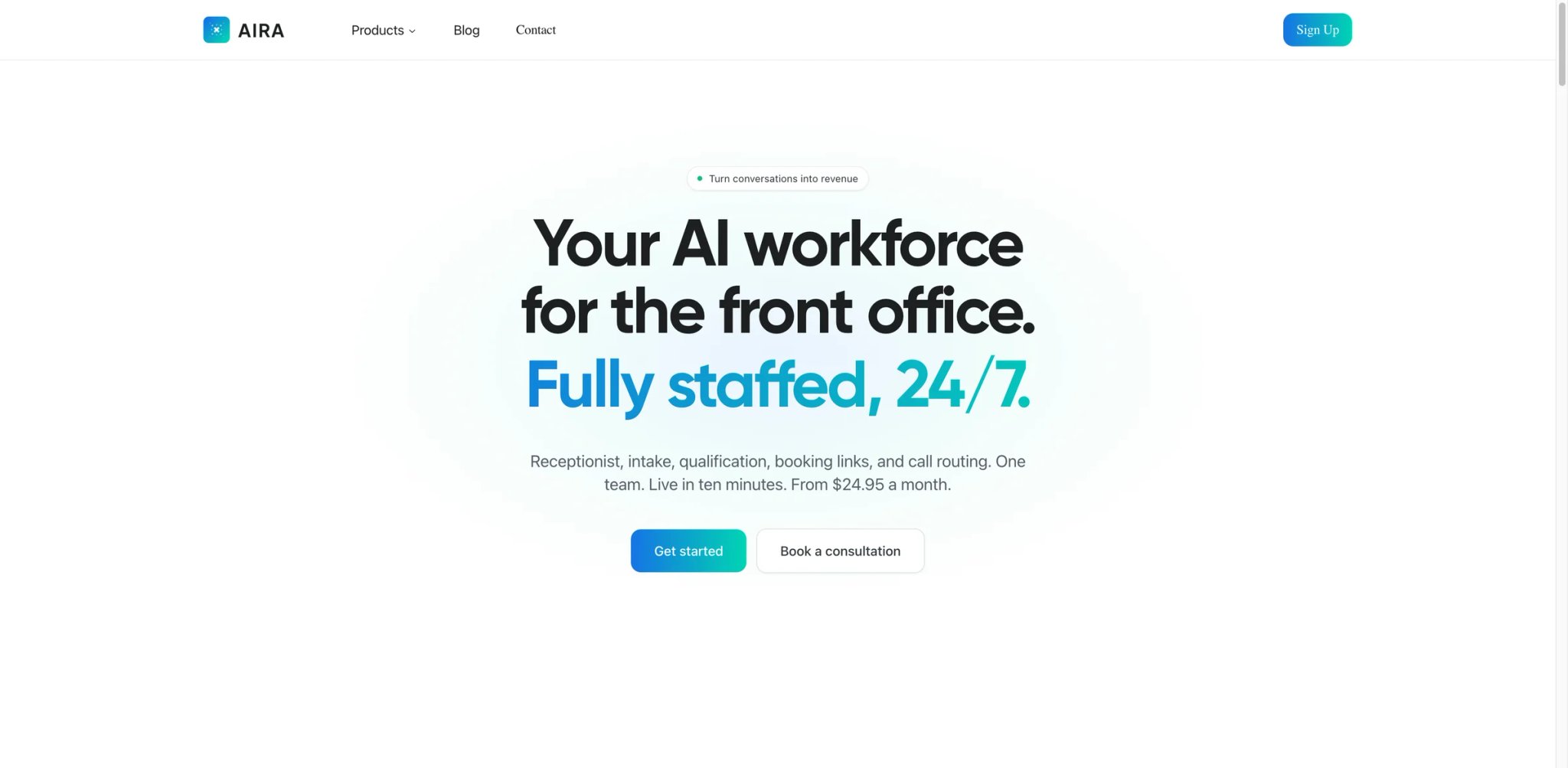 AIRA interface showing a small-business AI receptionist with low-cost call-volume tiers
