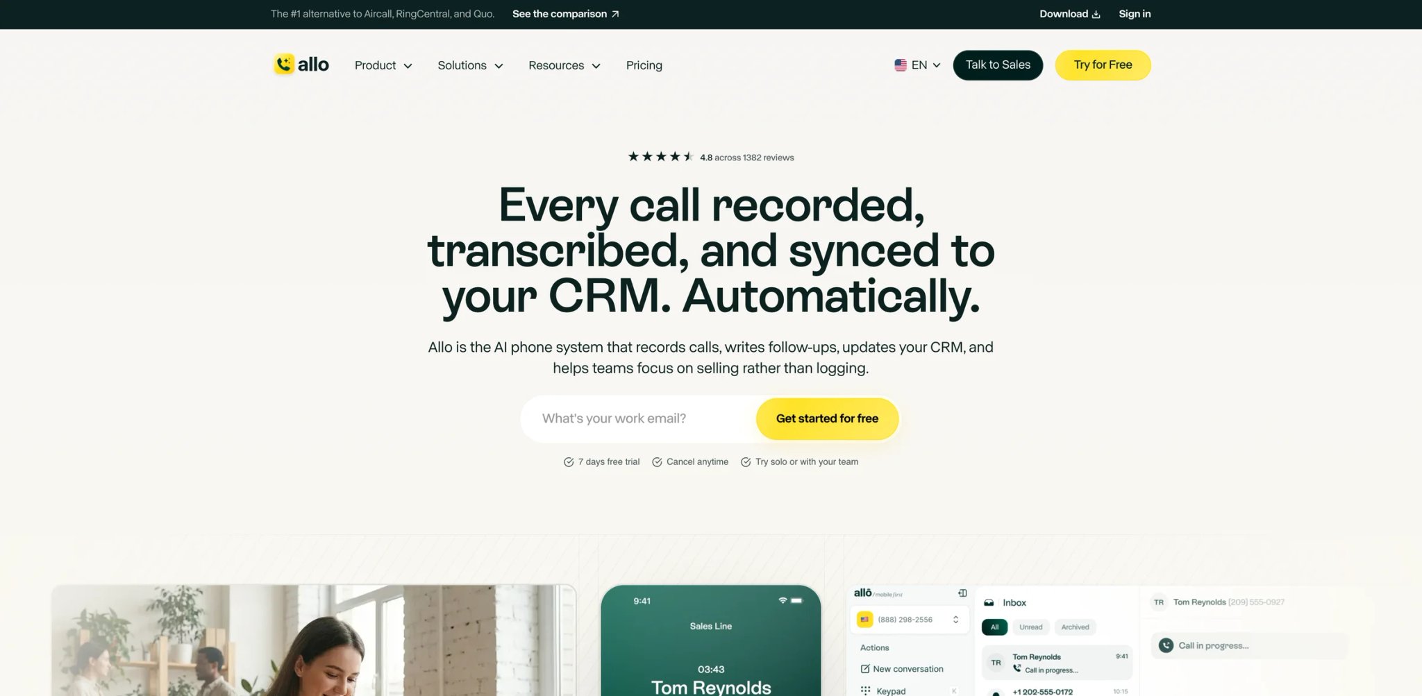 Allo interface showing a multi-device phone system with an unlimited AI receptionist plan and integrations