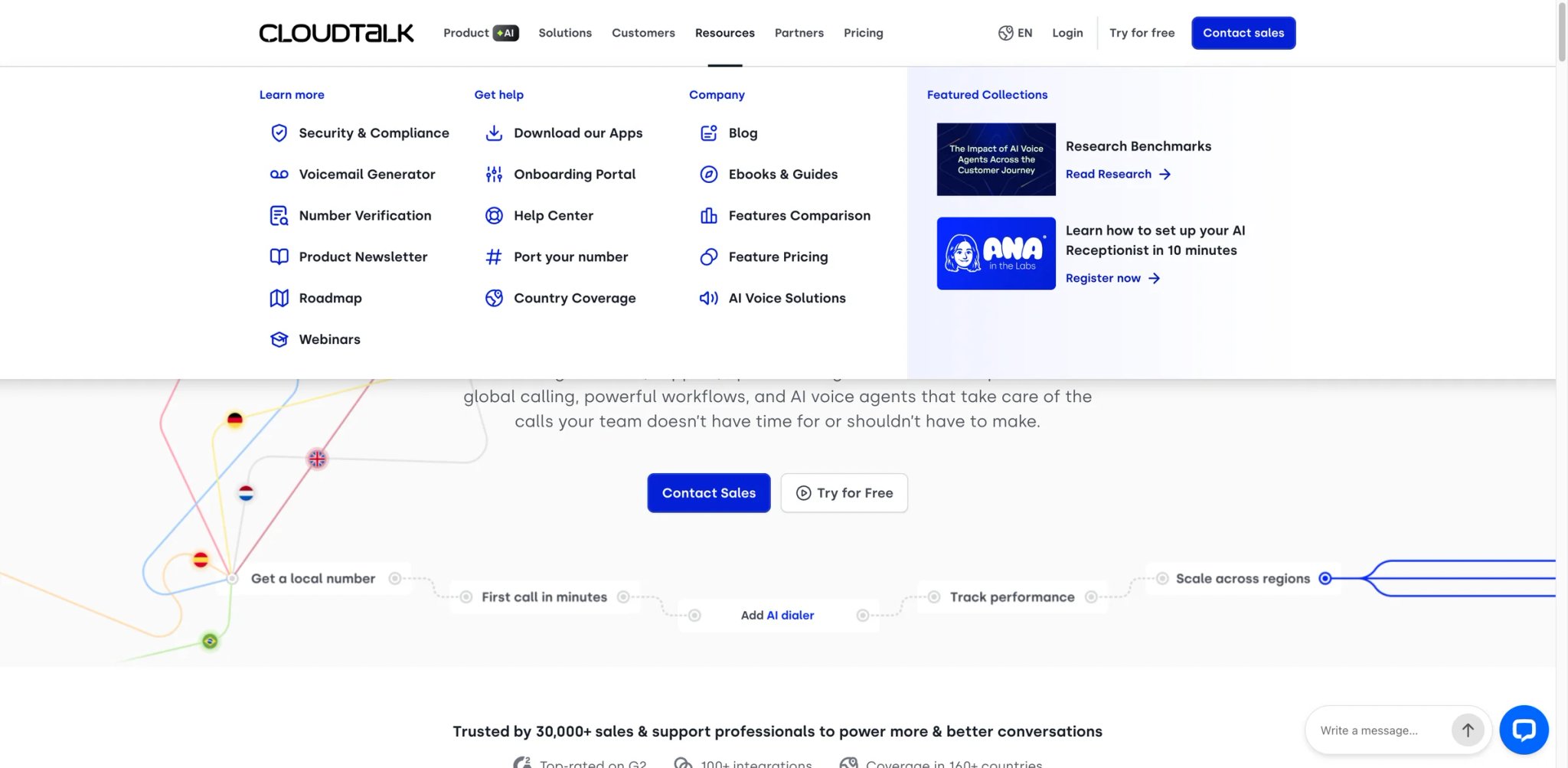 CloudTalk interface showing the call-center web app with an AI virtual receptionist add-on and CRM sync