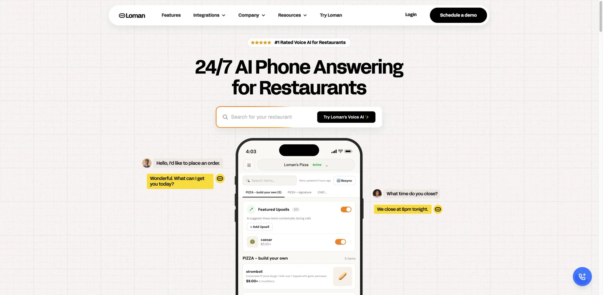 Loman AI interface showing a restaurant AI phone agent taking an order with POS integration