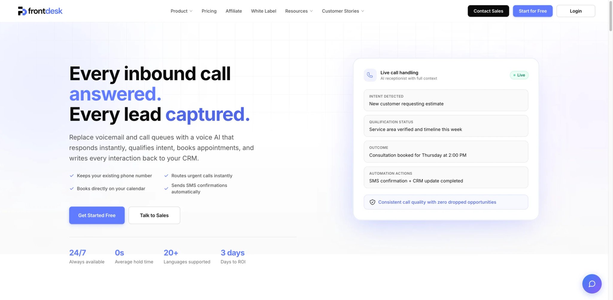 My AI Front Desk interface showing a unified voice, chat, SMS and CRM receptionist dashboard