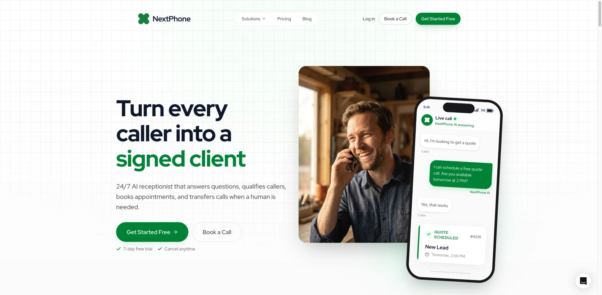 NextPhone interface showing AI receptionist onboarding with unlimited calls, appointments and CRM integration