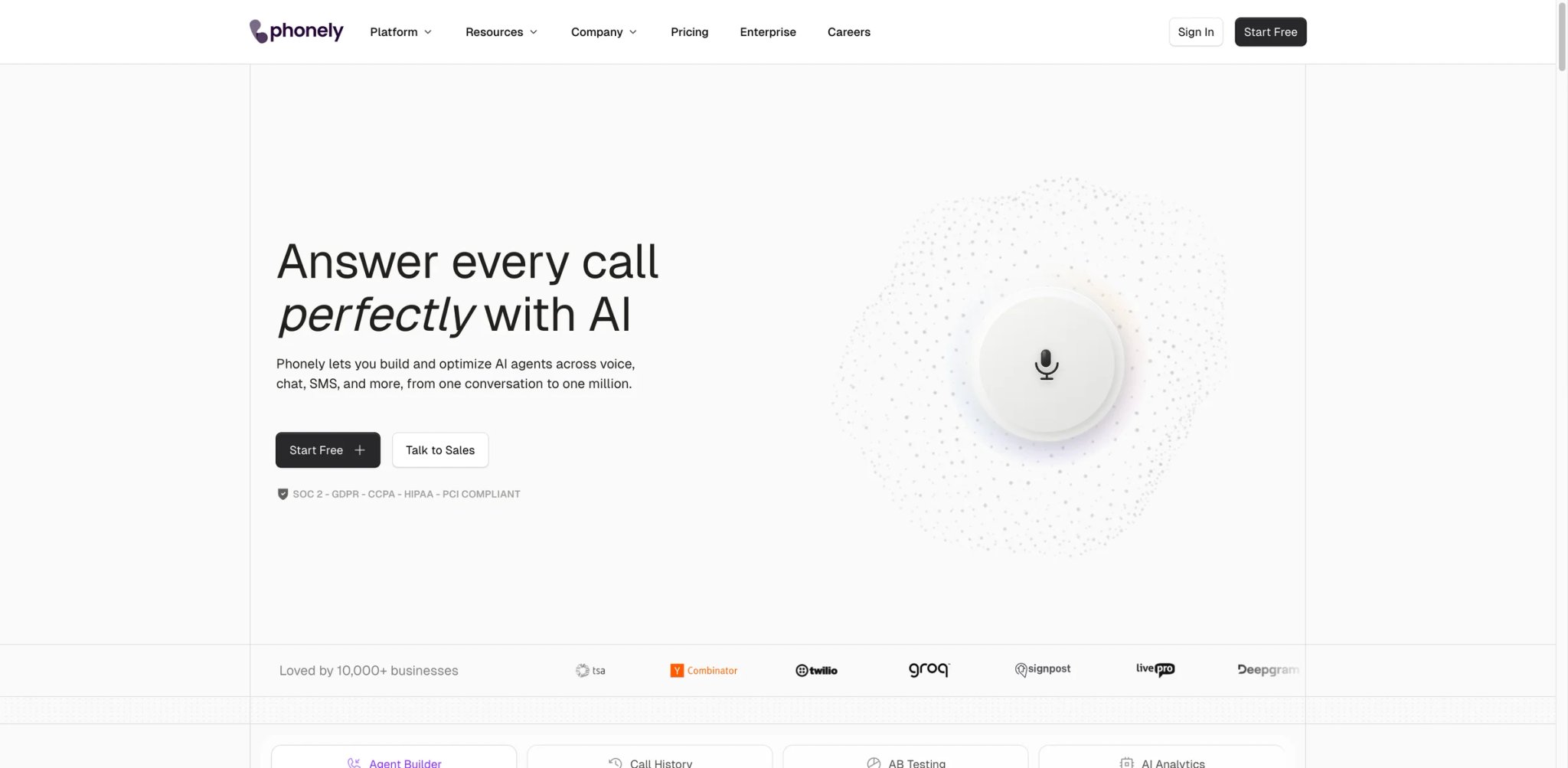 Phonely interface showing an AI receptionist builder with voice, chat and SMS plus compliance settings