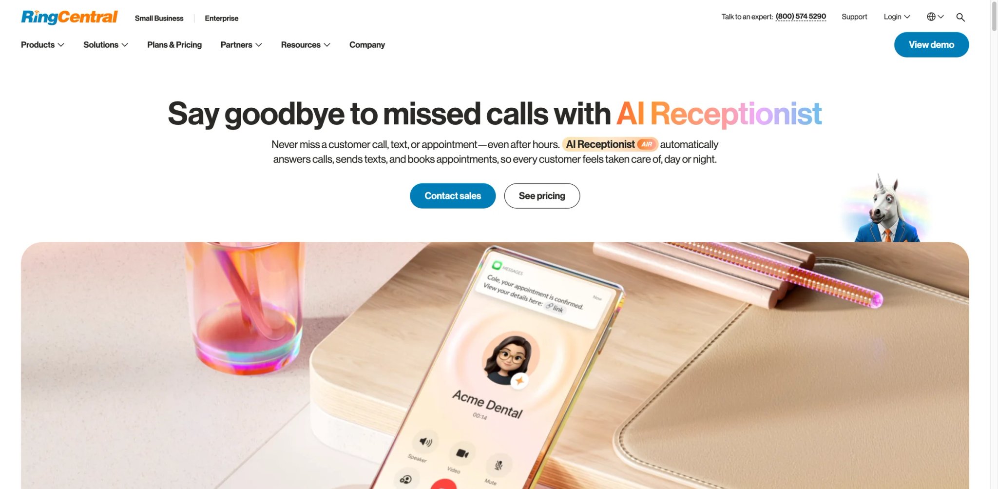 RingCentral AI Receptionist interface showing multi-location routing, analytics and CRM integration in the admin portal