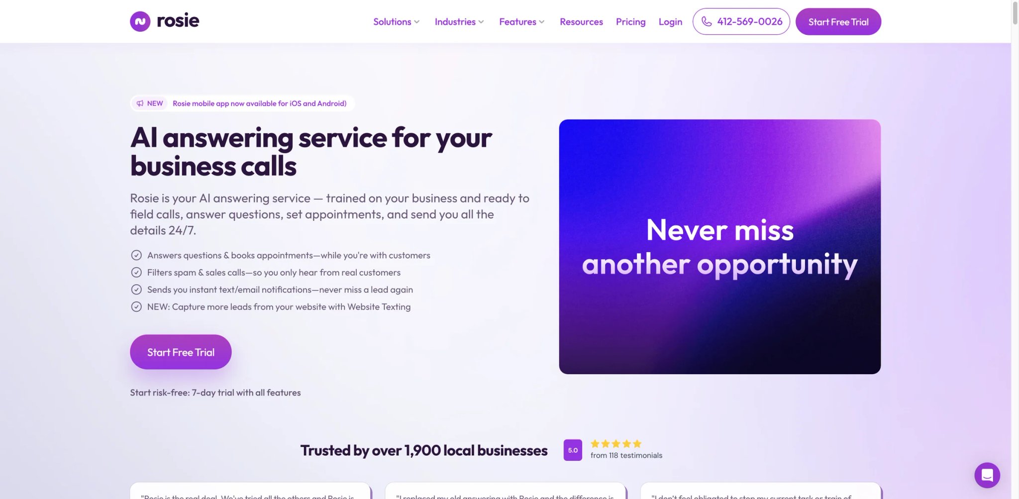 Rosie AI interface showing a mobile-first AI receptionist with transcripts, recordings and appointment booking
