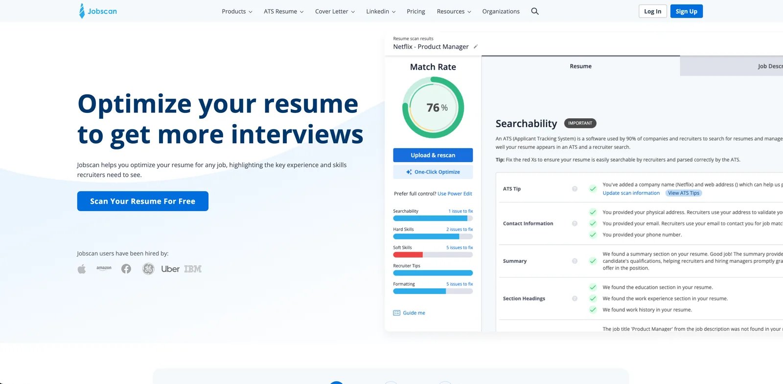 Jobscan resume scanner interface
