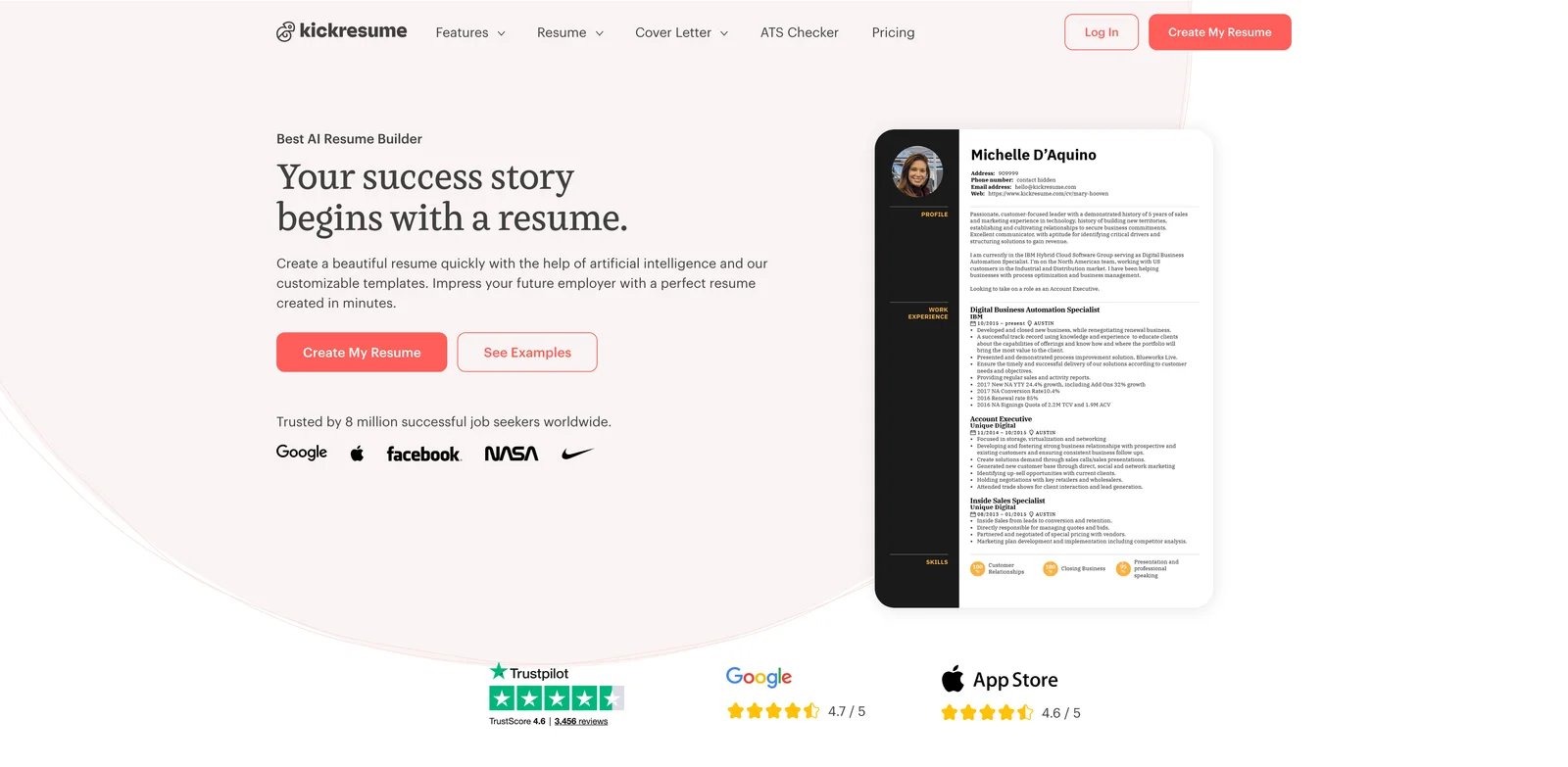 Kickresume resume builder interface