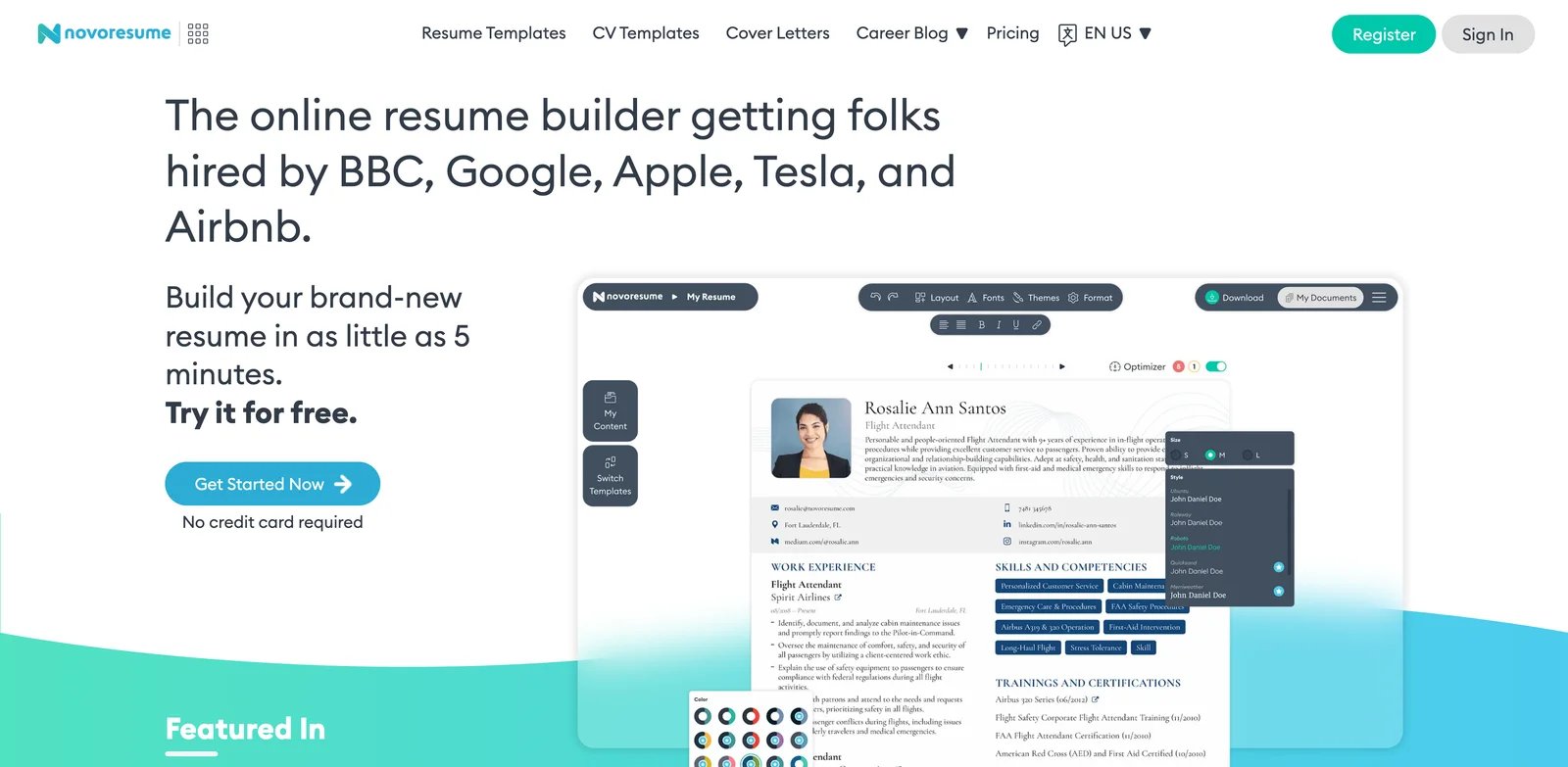 Novoresume resume builder interface